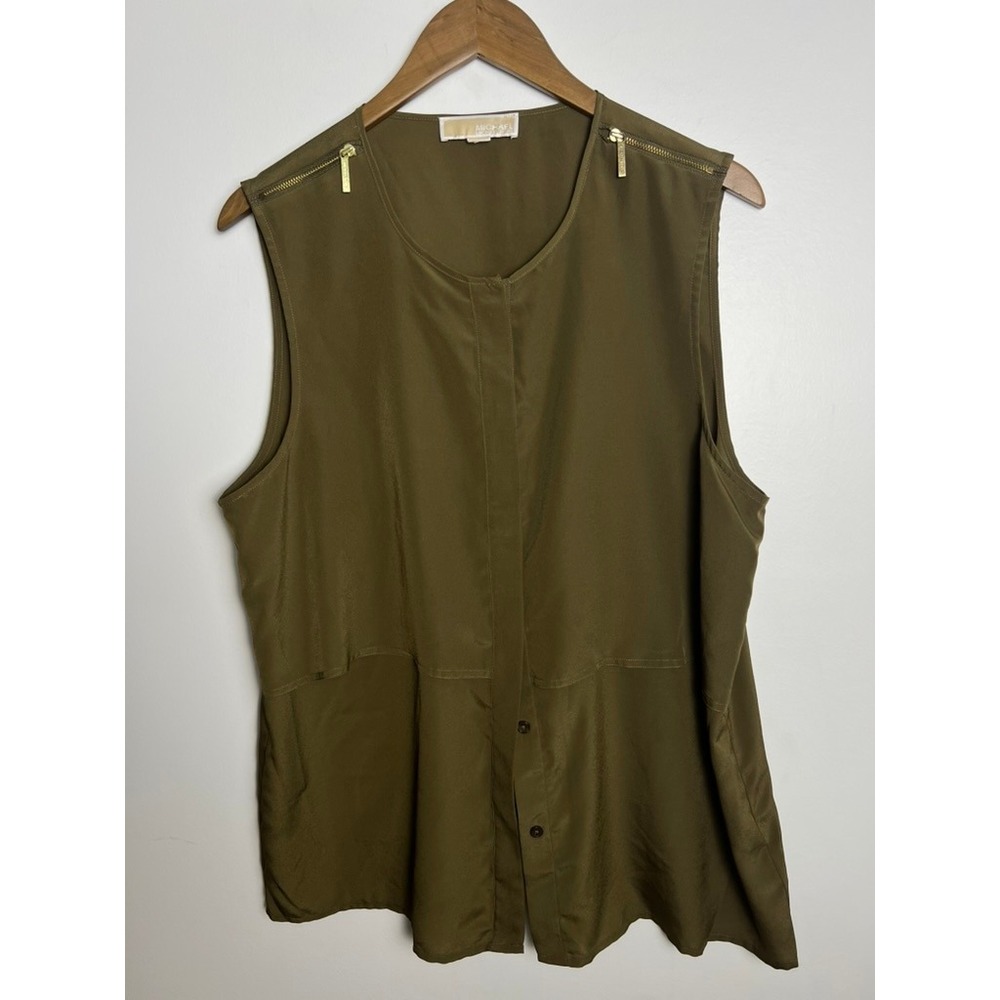 Michael Kors Wm Olive Green Sleeveless Zipper Accent Blouse Top Old Money Classy